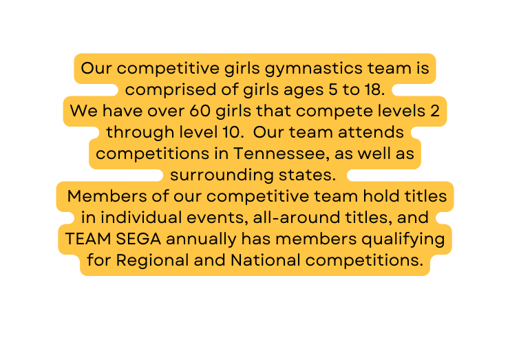 Our competitive girls gymnastics team is comprised of girls ages 5 to 18 We have over 60 girls that compete levels 2 through level 10 Our team attends competitions in Tennessee as well as surrounding states Members of our competitive team hold titles in individual events all around titles and TEAM SEGA annually has members qualifying for Regional and National competitions